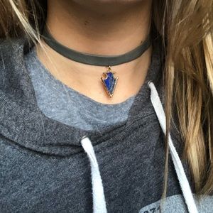 Leather Choker Necklace with Stone Pendant